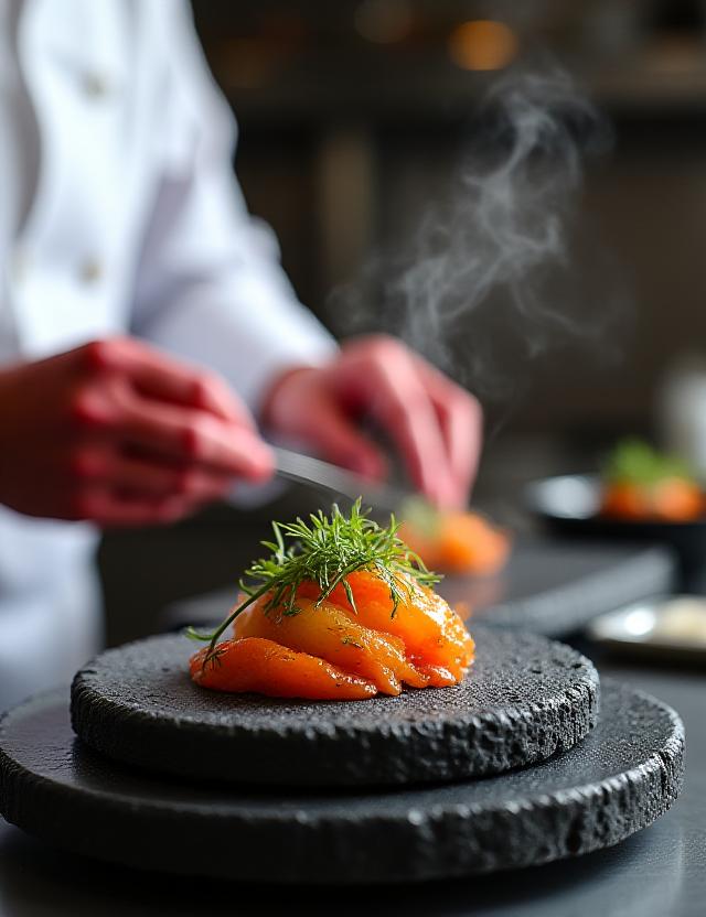 Chef dressant un plat cuit sur pierre de lave